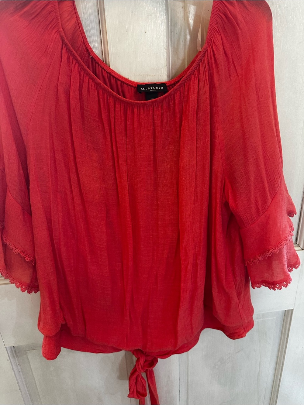 I.N. Studio coral Peasant Tie-Hem Blouse
